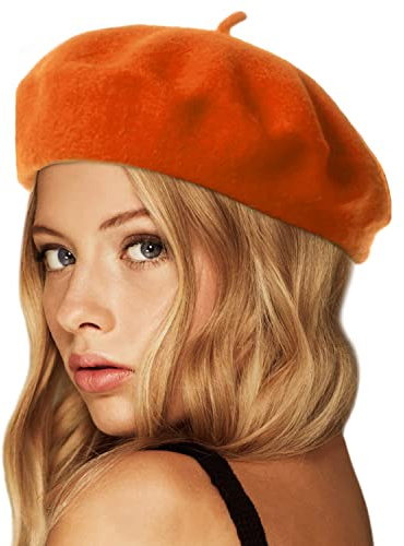 Wheebo Béret en Laine, Couleur Unie, Style français, pour Femmes, Filles, Dames, Mandarine, Taille Unique