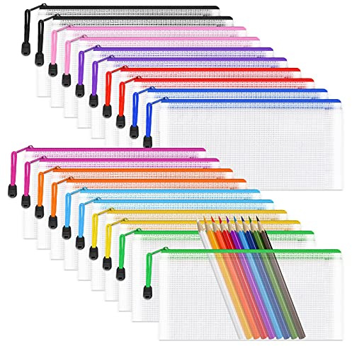 Umriox Clear Pencil Pouch, 9.2 x 4.7 in (10 Colors, 20 Packs), A6 Pencil Bags with Zipper Bulk, Mesh Zipper Pouch for Bill Stationary Cosmetics Travel Storage