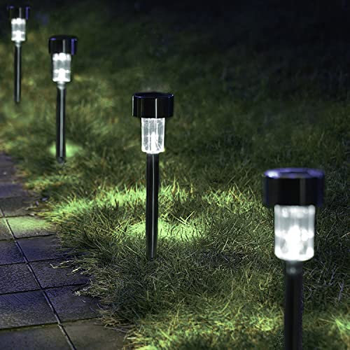 CUQOO Solar Garden Stake Lights - White 10 LED Waterproof Stainless Steel Pathway Lights, Rechargeable Outdoor Solar Light for Garden, Patios & Walkways