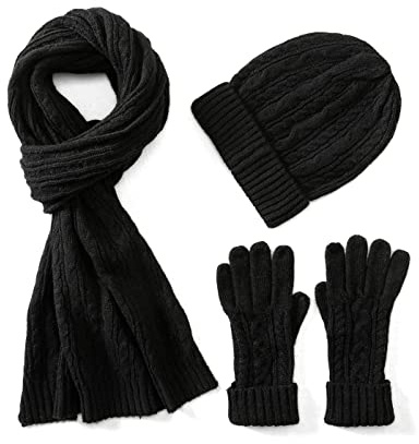 Villand 3 in 1 Womens Wool Hat Gloves & Scarf Winter Set, 3 Piece Cable Knitted Beanie Hat for Women with Gift Box (Black)