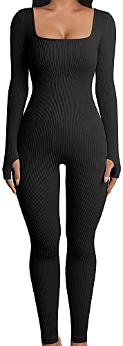 Acrawnni Damen-Jumpsuit, gerippt, langärmelig, quadratischer Ausschnitt, einteilig, figurbetont, Workout, Fitness, Outfit, Sportbekleidung, A-schwarz, 46
