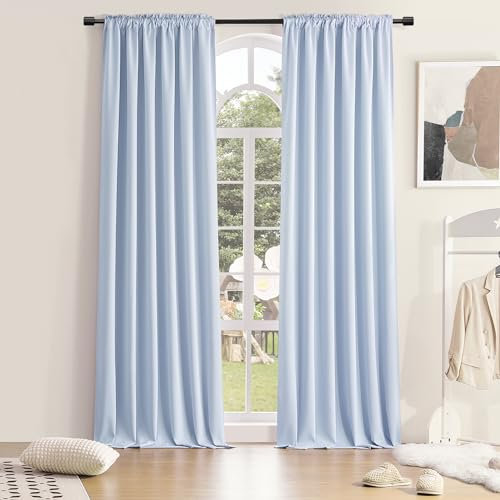 DONREN Room Darkening Sliding Door Curtains - Thermal Insulated Solid Blackout Extra Wide Patio Glass Door Drapes (Light Blue, W 60 x L108, 2 Panels)