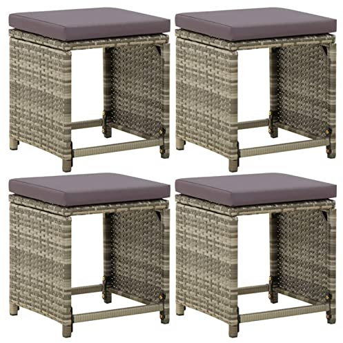 Chusui Gartenhocker 4 STK. mit Kissen, Hocker Outdoor, Gartenmöbel, Sitzhocker, Beistelltisch Outdoor, Blumenhocker, Pflanzen Hocker, Poly Rattan Grau