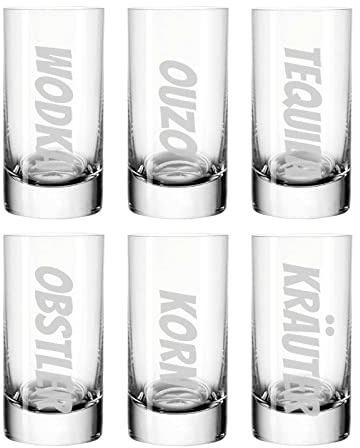LUXENTU Schnaps-Ensemble 6er Set | 50 ml | Stamper Schnapsgläser mit gravierten Schnapsnamen: Wodka, Ouzo, Tequila, Obstler, Korn, Kräuter | Geschenk für Hausbar & Theke | Spülmaschinenfest