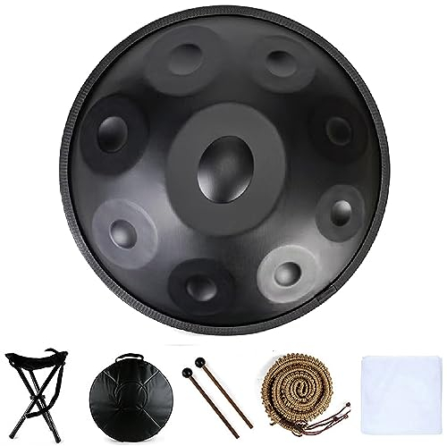 YPINKZ Handpan in D-Moll, 9/10/12 Noten, 56cm, Schwarz, Legierter Stahl, mit Tasche, 2 Schlägeln und Ständer