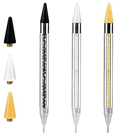 3pcs Stylos à Cire pour Nail Art avec 3pcs Têtes de Remplacement de Cire, Manche en Acrylique Double Extrémité Outils de Nail Art Stylo de Peinture Diamant pour Conception d'Ongles DIY