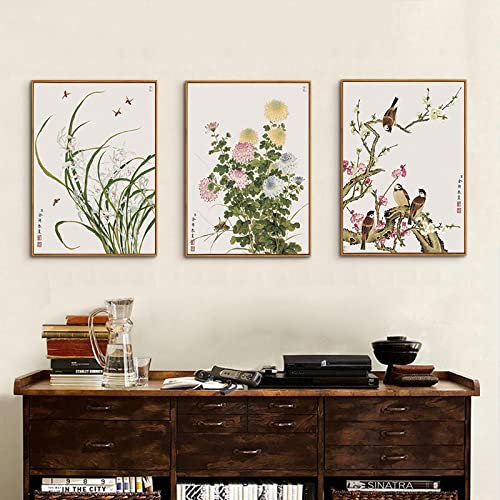 Quadri Moderni Soggiorno Arte della parete su tela Quadri stile cinese animale uccello Quadri primavera fiori di pesco poster Quadro Decorazioni della parete di casa 30x40cm x3 Senza Cornice