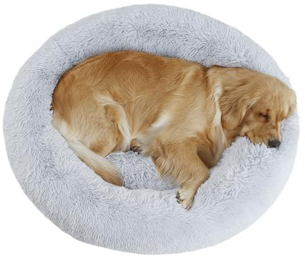 Bunlitent 39'' inch Calming Dog Bed, Plush Anti-Anxiety Donut Dog Bed for Small Medium Large Dogs, Warming Cozy Soft Cute Round Washable, Marshmallow Cuddler Nest Pet Bed, Grey