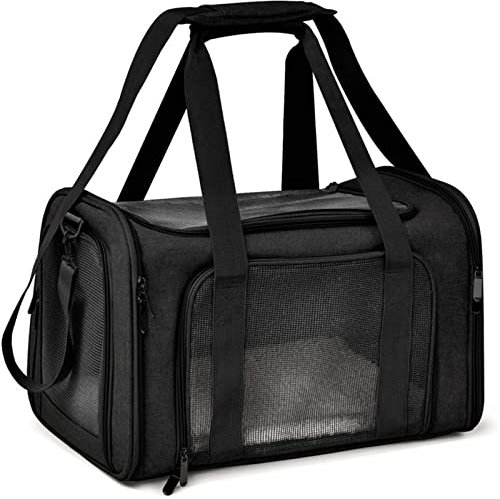 Treer Transporttasche für Haustiere, Transportbox für Hunde & Katzen, Faltbar Haustiertransportbox Einfache Leichte Reise Tragetasche Für Reisen im Flugzeug, Auto oder Zug (40x25x25CM,Schwarz)