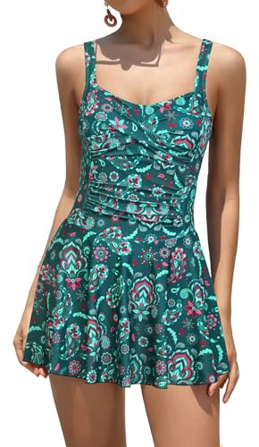 SHEKINI Women One Piece Swim Dress Twist Front Ruched Tummy Control | Skirted Swimsuit, Padded Swimdress, Retro Bathing Suit with Shorts, Non-removable Fixed Padding, Adjustable Straps