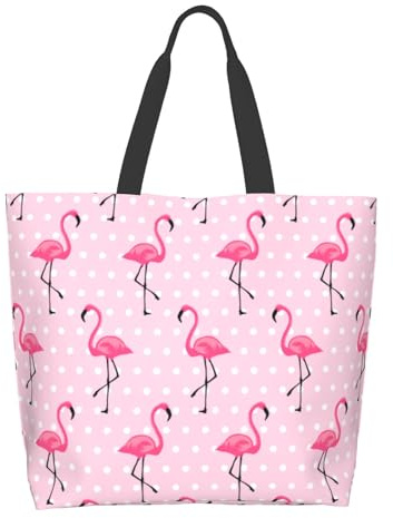 Cafl Pink Flamingo Shoulder Bag Flamingo Dots Tote Bag Large Reusable Eco-friendly Shopping Bags Portable Storage Handbag Convenient Shoppers for Gym Beach Travel Shopping