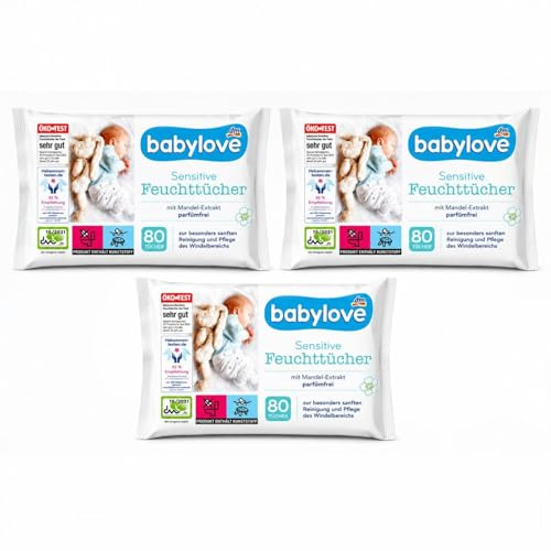 Babylove Feuchttücher sensitive 240 Tücher - ohne Alkohol - Parfümfrei - ohne tierische Inhaltstoffe - pH-hautneutral - mit Mandel-Extrakt (3 x 80 Stück)
