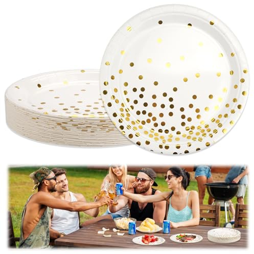 50 Piezas Platos de Cumpleaños de Blanco Dorados,9 pulgadas (23 cm) Platos de Postre de Fiesta Blanco con Puntos de Lámina Dorada,Oro Blanco Fiesta de Cumpleaños Vajilla para Cumpleaños, Aniversario