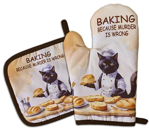GOSJINNK Funny Baking Cat Oven Mitts and Pot Holders(Set of 2) Baking Because is Wrong Baker Mitts for Kitchen Decor Silicone Non-Slip Oven Mitts Cat Lover Gift Birthday Gift for Friend Chef
