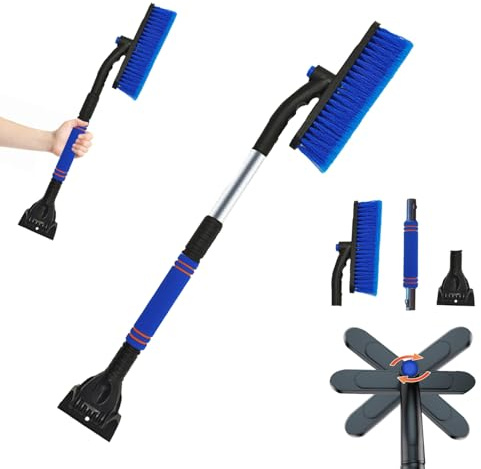 May Huang Auto Eiskratzer mit Besen, 3 in1 Auto Reinigungsbürste Eiskratzer Schneebesen mit 360 Grad Bürstenkopf, Auto Schneebürste Schneekratzer mit Schaumstoffgriff (Blau)