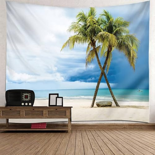 Wandteppich Strand Palmen, 200x200cm Kokosnussbaum, Meer, Strandlandschaft Landschaft Tapisserie für Wohnzimmer Schlafzimmer Wohnheim Wanddeko | Hellblau Grün