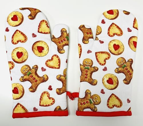 Gingerbread Oven Gloves, Mitts Pair, White with Red Trim
