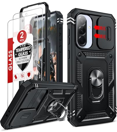 LeYi Kameraschutz Hülle für Samsung Galaxy A36 5G Handyhülle Ständer Case | mit 2X Panzerglas Hybrid Metall Ring Cover Kamera Schiebeabdeckung Schutzhülle Militär 5 G Handy Hüllen Schwarz A 36
