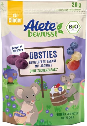 Alete bewusst Obsties Heidelbeere Banane mit Joghurt, ab 3 Jahren, gefriergetrocknete Bio-Fruchtchips, Früchte-Snack für Kinder, verzehrfertig im verschließbaren Beutel, 20 g (Packung mit 5)