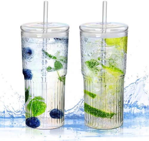 PORFOYO Verre Matcha Latte avec Paille, Verre avec Couvercle et Paille, Lot de 2 Tasses de 600 Ml, Couvercles Anti Déversement, Réutilisables, Tasses à Café Glacé