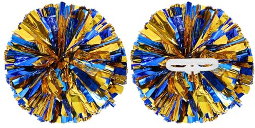 YELARXI Metallic Cheerleading Pom Poms Cheer Pompoms, 12 Inch with Handle Rings Fit for Team Spirit Sports Dance Cheering, (2Pcs, Blue Gold)