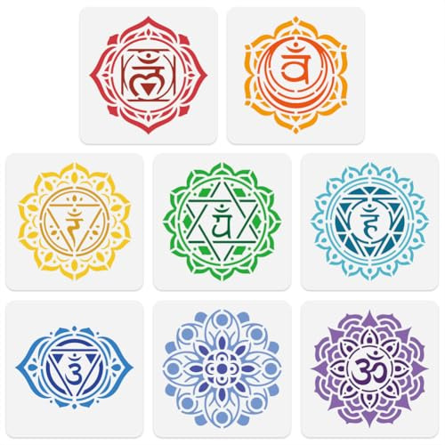 8 x Chakra Yoga Schablone Zum Malen 15 × 15cm Wiederverwendbare Mandala Schablonen Zeichenvorlagen Lotusblume DIY Bastelfarbe Vorlagen Für Wand Home Decor Holz Brennen Leinwand Journal Karte