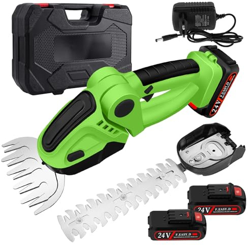 ROCKY&CHAO 24 V Akku Heckenschere & Grasschere 2‑in‑1–schnurloser Rasenkantenschneider mit  2 * 1500 mAh Akkus, SK5‑Klingen 12 cm / 23 cm,handliche Rasenschere Strauchschere für Garten & Rasen
