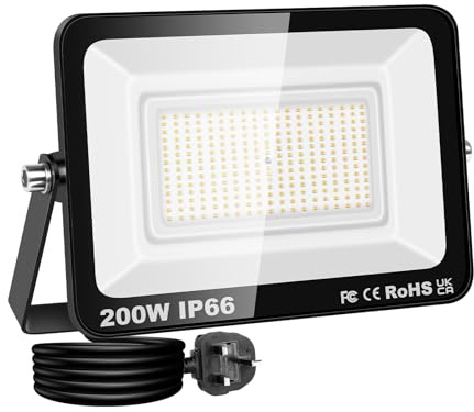 PICAA 200W Projecteur LED Exterieur, 20000LM 4000K Blanc Chaud Spot LED | avec EU Prise, Eclairage Mural pour Jardin, Patio, Garage, Entrée