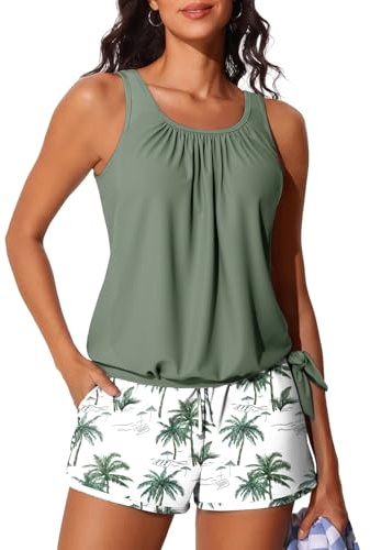 Summer Mae Blouson Women’s Tankini Swimsuits with Shorts Tummy Control Bathing Suits Side Pockets Green Shadow Medium 2026