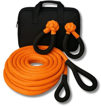 Kit Rescate Offroad Eslinga Cinética 1 x 6m Naranja 33000lbs + 2 Grilletes Plasma + Bolsa Transporte para Coches Camión SUV, 6M Cuerda de Remolque