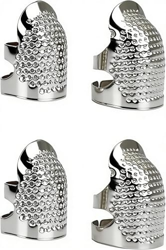 4 Pcs Sewing Thimble, Metal Silvery Vintage Thimbles for Hand Sewing, Adjustable Sew Thimble Finger Protector, for Hand Embroidery Quilting Accessories DIY Needlework Tool (2 Sizes, S/M)