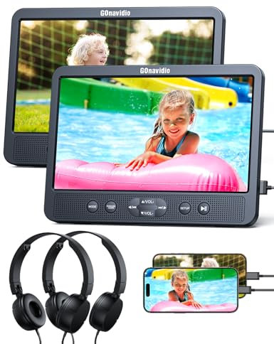 GOnavidio 10,5 Zoll Auto DVD Player 2 Monitore mit HDMI-Eingang, Kopfhörern, Monitore Kopfstütze, Auto Fernseher Rücksitz unterstützt für USB/SD-Karte, AV-EIN-/Ausgang, ohne Akku