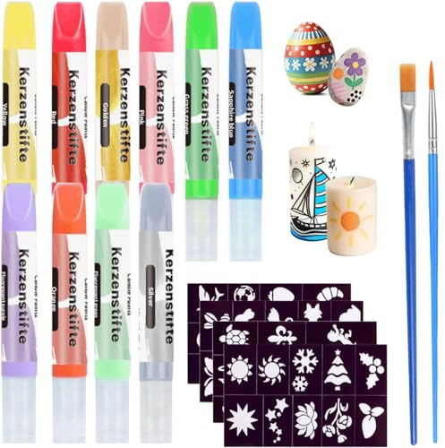 Canollo 10 Farben Stück Kerzenstifte, Kerzen Bemalen Set, 10ml Wachsstifte für Kerzen, mit Kerzenhohlschablone und Pinseln, Kerzenfarbe Kerzenmalstifte für Kerzens Dekorieren und Gestalten