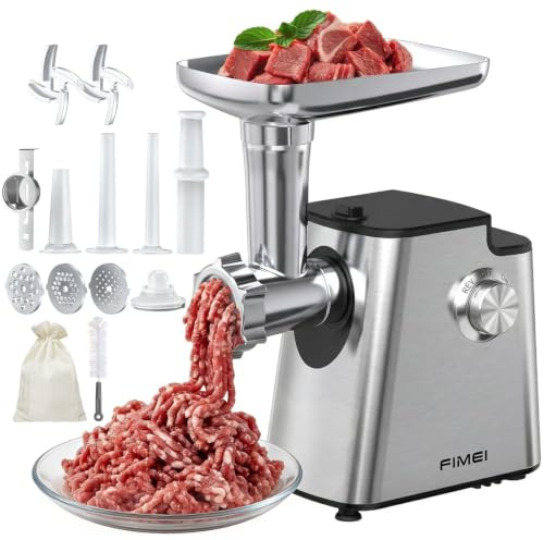 FIMEI Electric Meat Grinder, Meat Mincer with 2 Stainless Steel Blades, 3 Grinding Plates, 3 Sausage Maker, Kibbeh Attachment & Cookie Maker, Food Grinder for Home Kitchen, with Storage Bag and Brush