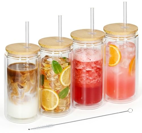 FECBK 4 Pack Glass Cups with Lids and Straws 12 oz Double Wall Glass Tumbler Insulated Borosilicate Iced Glass Coffee Cups for Iced Coffee, Smoothies, Tea, Juice