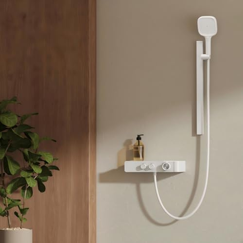 EMKE Duschsystem mit Thermostat für kleine Bäder, Duscharmatur Komplettset mit 3 Strahlarten Handbrause, Regendusche mit Armatur,höhenverstellbare Duschset mit Ablage, KTW-zertifiziert, Weiß Matt