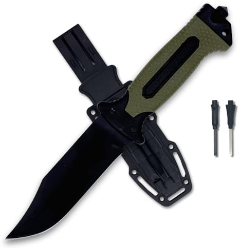 Coltello Sopravvivenza Lama Liscia 13,5 cm Acciaio Inox, Manico Antiscivolo Verde con Fodero ABS, Accendifuoco, Fischietto, Pietra Affilatrice e Rompivetro – Bushcraft, Camping, Trekking, Idea Regalo