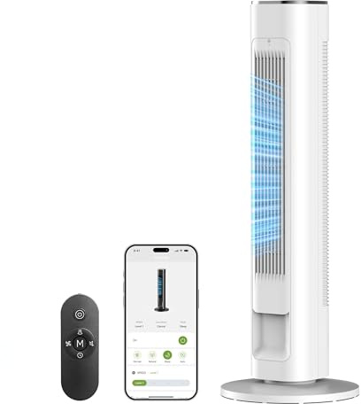 FLANUR 36 Smart Tower Fan with Remote, App & Touch Control, Silent Tower Fans for Sleeping Capable of 25ft/s, LED Display, 90° Oscillating Tower Fan for Bedroom & Office, 12-Hour Timer, White
