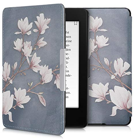 kwmobile Klapphülle kompatibel mit Amazon Kindle Paperwhite Hülle - eReader Case (für Modelle bis 2017) - Magnolien Taupe Weiß Blaugrau