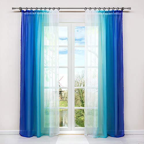 HongYa 2er-Pack Farbverlauf Gardinen Transparenter Voile Vorhänge Schals mit Kräuselband H/B 225/140 cm Blau