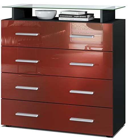 Vladon Sideboard Pavos V2, Kommode mit 4 Schubladen und Glasablage, Schwarz matt/Bordeaux Hochglanz (76 x 81 x 35 cm)