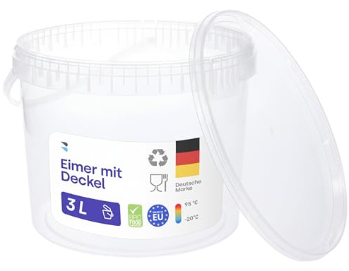 BenBow Eimer mit Deckel 3l transparent 10x 3 Liter - lebensmittelecht, stabil, luftdicht - Plastikeimer mit Henkel - leer