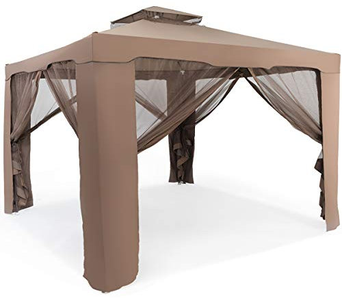 GOPLUS Pergola de Jardin Exterieur 3 x 3 M avec Moustiquaire Transparente, Tonnelle de Jardin Exterieur Impermeable Double Toit, UV SPF 50+, pour Cours Terrasse (Brun)