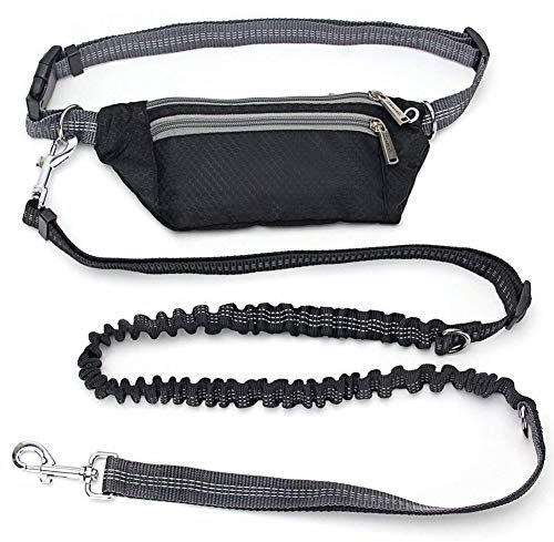 Hundeleine zum Laufen Spazieren, Dual Griffe Joggingleine mit Reflektierende Nähte und kotbeutelspender, Hundeführleine mit verstellbar für große Hunde geeignet,Freihändig und Stoßdämpfende (Schwarz)