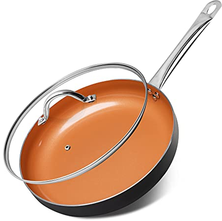 MICHELANGELO 12 Inch Frying Pan with Lid, Nonstick Copper Frying Pan with Ceramic Coating, Nonstick Skillet with Lid, Large Frying Pan, Copper Pan Nonstick Fry Pan - 12 Inch, Induction Compatible
