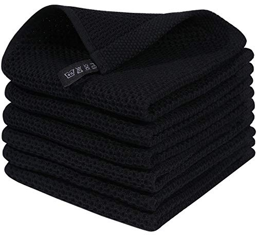 Homaxy 100% Cotton Waffle Weave Kitchen Dish Cloths, Ultra Soft Absorbent Quick Drying Dish Towels, 12 x 12 Inches, 6-Pack, Black