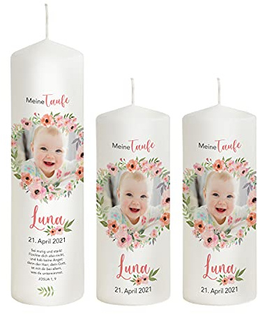 Liamoria® Taufkerze mit Foto für Mädchen im Kranz 25 cm Modell Luna - Personalisierte Fotokerze zur Taufe (mit 2 Patenkerzen)
