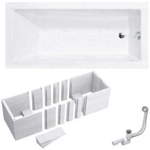 Badkar 180x80 cm Akryl SET Sifon Badkar Rektangel Vit Design Modernt Badkar Stöd Styrofoam Avloppsarmatur Krom Simplex
