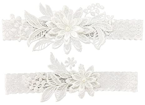 Wedding Garters for Bride Daisy Lace Bridal Garter Hand Sewn Faux Pearls Garter Set 2 Pieces, White, One Size