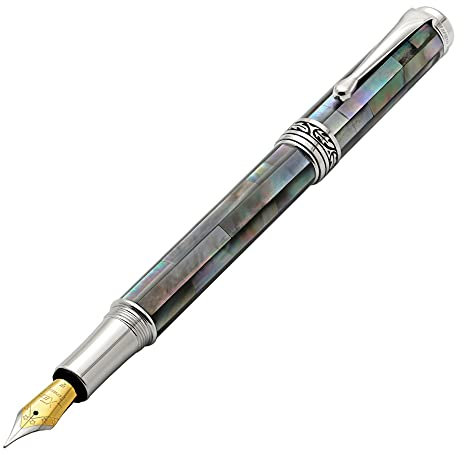 Xezo Maestro Fine/Extra-Fine Nib Fountain Pen Handcrafted with Black Mother of Pearl. Platinum Plated. Limited Edition, Serialized